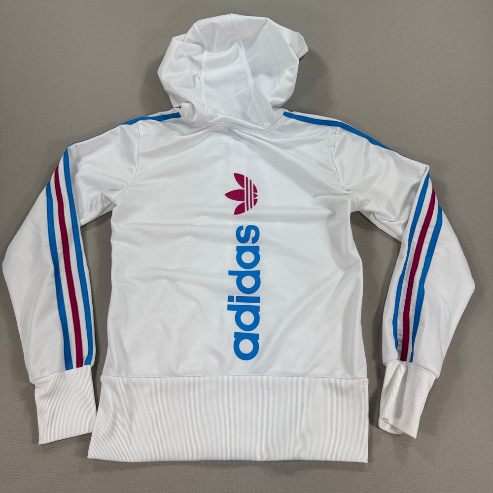 adidas White Hoodie with Blue and Pink Stripes